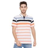 Polo Neck Half Sleeves Multicolor Striped T-Shirt With Pocket For Men- Orange